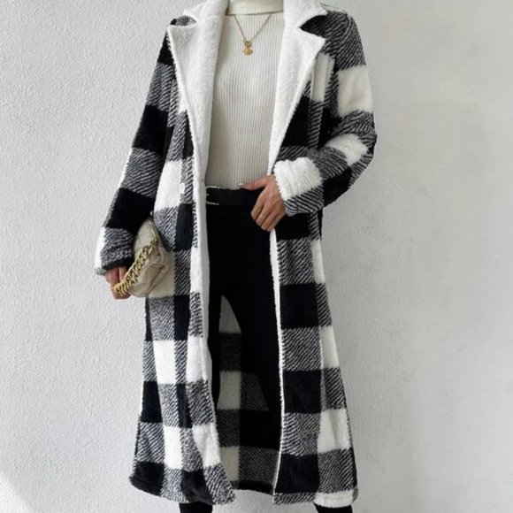 Black white Buffalo Plaid Open Front Flannel Longline Coat Jacket - Picture 4 of 6